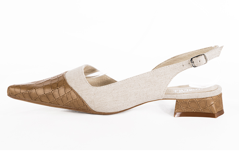 Camel beige women's slingback shoes. Pointed toe. Flat flare heels. Profile view - Florence KOOIJMAN